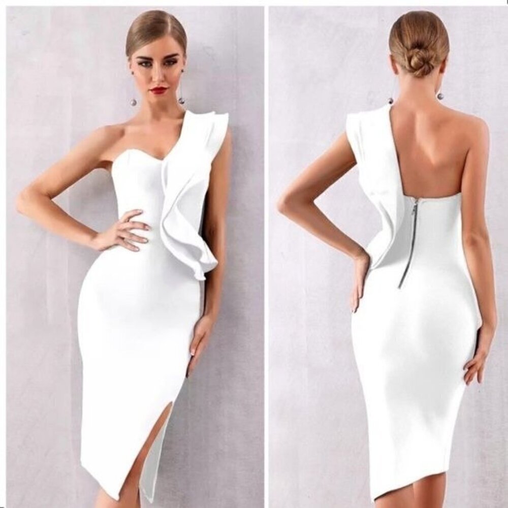 White One Shoulder Ruffle Bodycon Cocktail Dress Knee Length M
